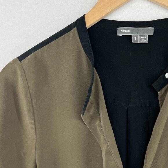 VINCE Top Women 8 Silk Crepe de Chine Colorblock Tunic Keyhole Long Sleeve Black - Picture 9 of 16